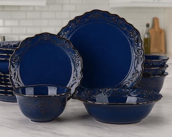Zestaw naczyń ceramicznych z niebieskim szkliwem reliefowym – 16/32/48 szt. talerzy i misek