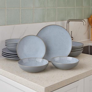 Grey Embossed Stoneware Dinnerware Set – 16/32 Pc Service for 4, 8, 12