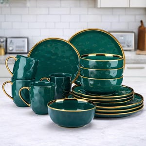 Groene porseleinen serviesset met gouden rand – modern 16/32/48-delig servies