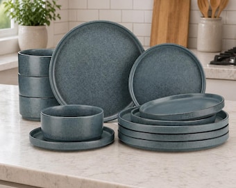 Zestaw naczyń ceramicznych z turkusowo-zieloną glazurą – 12/24/36 szt. talerzy i misek