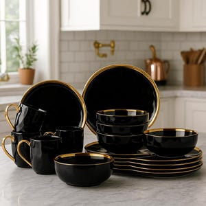 Gold Rim Black Porcelain Dinnerware Set – Modern 16/32 Piece Tableware