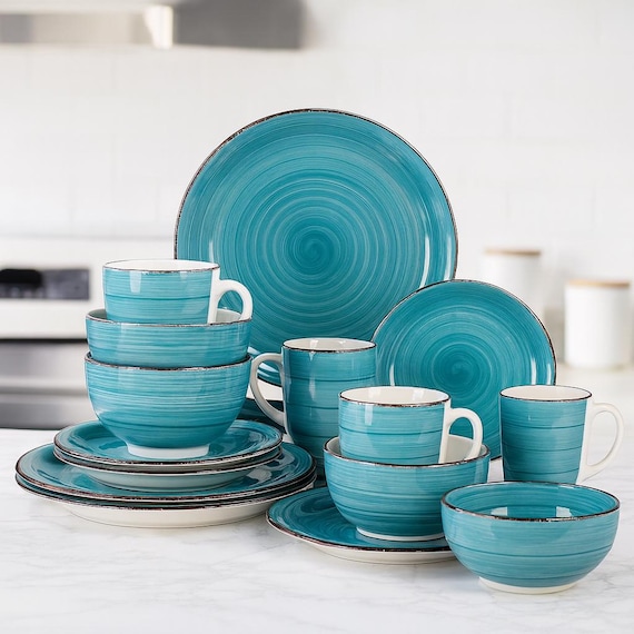 Türkises Porzellan Geschirr Set - 16 / 32 / 48-teilige Vintage Teller, Schalen & Tassen