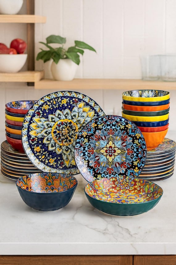 Boho Steinzeug Geschirr Set - 24/48 Teilige Teller & Schalen