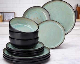 Grünes schwarzes Keramik-Geschirr-Set - mediterraner Stil Steingut-Teller-Schüssel
