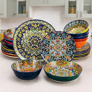 Bohemian Stoneware Dinnerware Set – 24/48 Piece Plates & Bowls