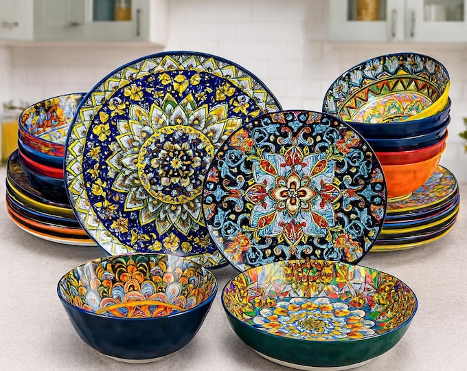 Bohemian Stoneware Dinnerware Set – 24/48 Piece Plates & Bowls