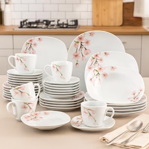 White Pink Floral Porcelain Dinnerware Set – 30/60 Pc Service for 12