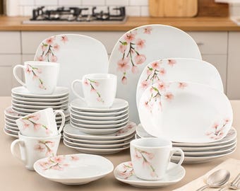 White Pink Floral Porcelain Dinnerware Set – 30/60 Pc Service for