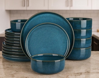 Zestaw naczyń ceramicznych z niebieskim szkliwem – 12/16/18 szt. talerzy i misek