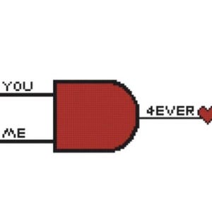 Op de afbeelding: Een pixelafbeelding met de woorden "YOU" en "ME" verbonden met een rode vorm, die leidt naar "4EVER" en een hartsymbool. Het ontwerp staat op een witte achtergrond.