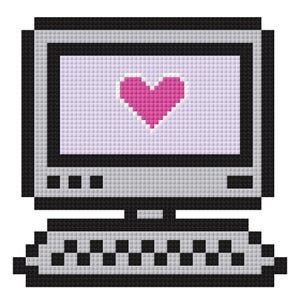 Pode incluir: Ilustração pixelizada de um computador com um coração rosa na tela. O monitor é cinza com uma borda preta, e um teclado preto e branco está abaixo. A imagem tem um estilo retrô, 8 bits.