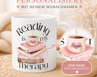 Gepersonaliseerde leesmok met naam, mok met de tekst "Lezen is mijn therapie", cadeau voor boekenliefhebbers, koffiemok voor boekenwurmen, knusse mok, theemok