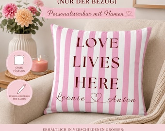 Federa personalizzata, Love Lives Here, federa senza imbottitura, cuscino con nome, regalo per coppie, decorazioni rosa, cuscino per divano, design a righe