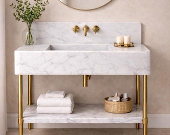Lavabo consola de mármol de Carrara – Lavabo de piedra italiana con repisa, mueble de baño
