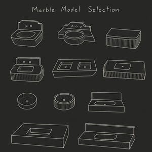 Puede incluir: Un dibujo de l&iacute;neas blancas sobre fondo negro titulado Marble Model Selection, que muestra once dise&ntilde;os distintos de lavabos y tocadores. Las ilustraciones presentan varias formas de cubetas, incluyendo estilos rectangulares, ovalados y circulares con salpicaderos.