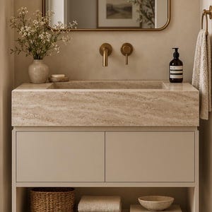 May include: A bathroom vanity featuring a beige stone sink with a rectangular basin, two matte gold wall-mounted faucets, and a floating cabinet. The lower shelf holds a woven basket, folded towels, a stone bowl, and The Kinfolk Home book.