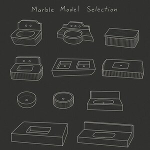 Puede incluir: Dibujos lineales blancos de varios modelos de lavabos de m&aacute;rmol sobre un fondo gris oscuro. El texto "Marble Model Selection" est&aacute; en la parte superior. Se muestran varios dise&ntilde;os de lavabos, incluyendo opciones de uno y dos senos.