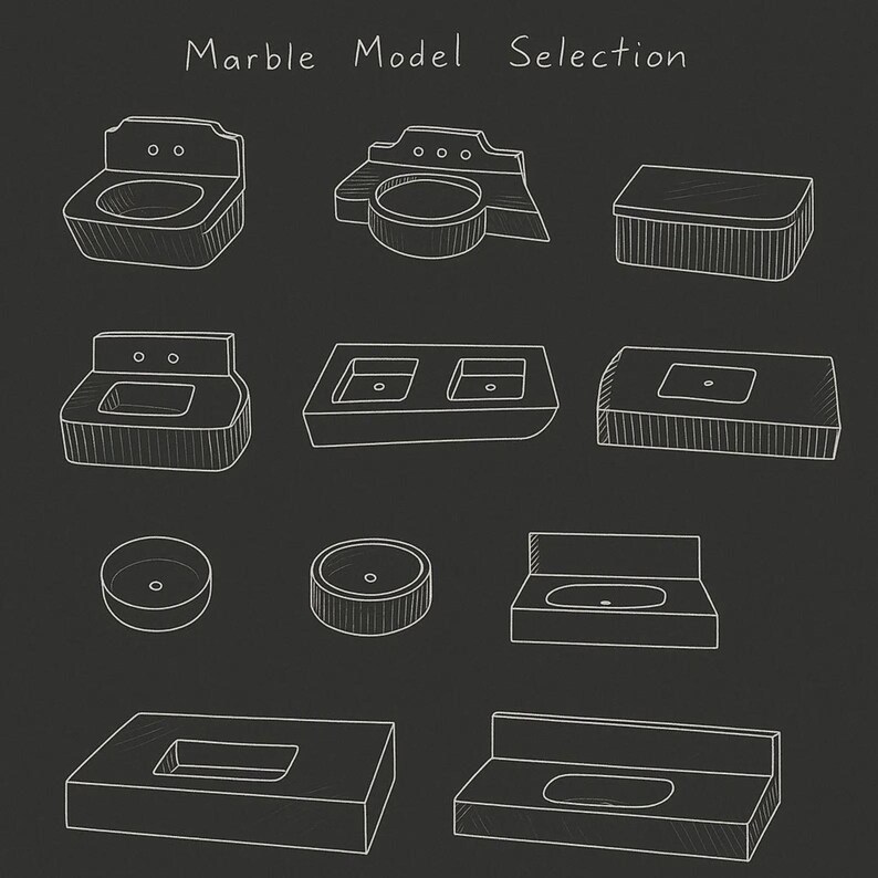Puede incluir: Dibujos lineales blancos de varios modelos de lavabos de m&aacute;rmol sobre un fondo gris oscuro. El texto "Marble Model Selection" est&aacute; en la parte superior. Se muestran varios dise&ntilde;os de lavabos, incluyendo opciones de uno y dos senos.