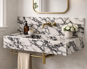 Hand Carved Calacatta Viola Marble Sink | Modern Floating Vanity