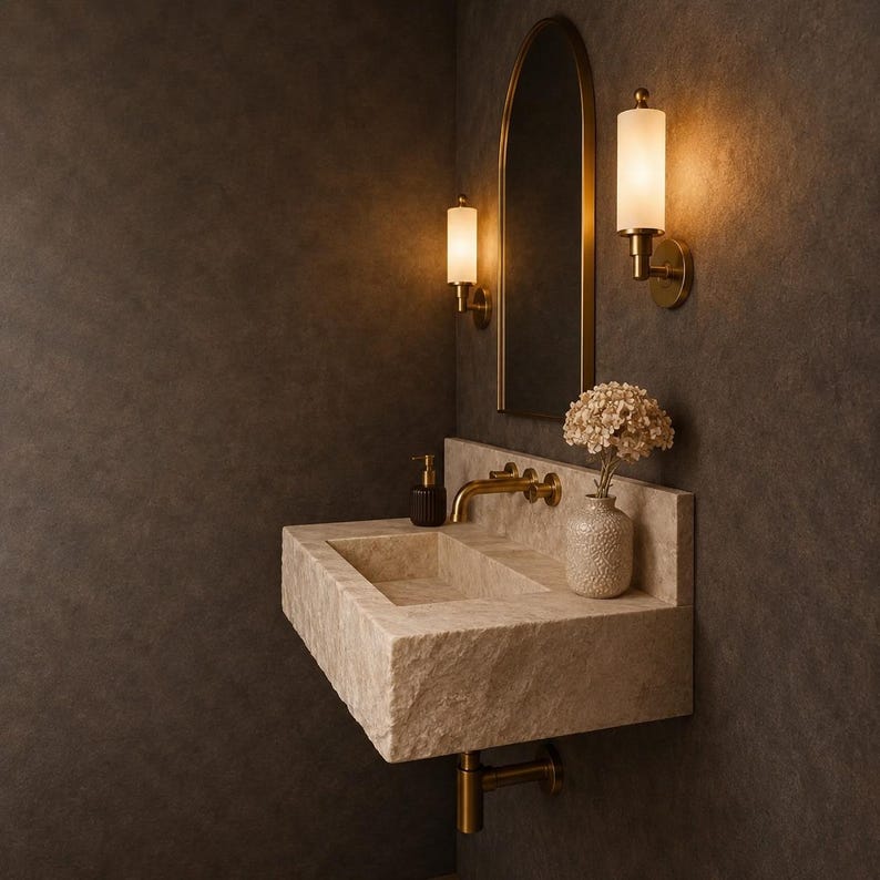 Puede incluir: Un lavabo de piedra beige montado en la pared con una textura exterior rugosa y cincelada. Cuenta con un grifo de lat&oacute;n, un tubo de drenaje de lat&oacute;n a juego, un dispensador de jab&oacute;n oscuro y un jarr&oacute;n de cer&aacute;mica texturizada con flores secas.