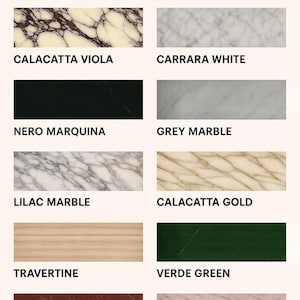 Puede incluir: Un cat&aacute;logo de productos titulado VEROMARBLE que muestra diez muestras rectangulares de m&aacute;rmol con las etiquetas: Calacatta Viola, Carrara White, Nero Marquina, Grey Marble, Lilac Marble, Calacatta Gold, Travertine, Verde Green, Rosso Levanto y Pink Violet.