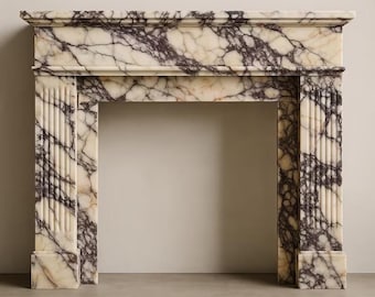 Hand-Carved Calacatta Viola Marble Fireplace Mantel: Fluted Natural Stone, Fireplace Surround
