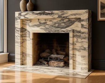 Marble Fireplace Mantel Calacatta, Hand-Carved  Modern Mantle, Custom Size Natural Stone Fireplace Surround