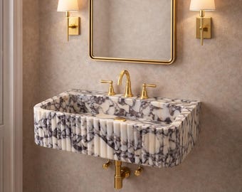 Calacatta Viola Custom Size Marble Sink | Wall Mount Fluted Bathroom Vanity | Luxury Natural Stone Basin for Powder Room Renovation