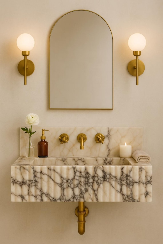 Hand-Carved Calacatta Viola Marble Wall-Mounted Sink: Fluted Front