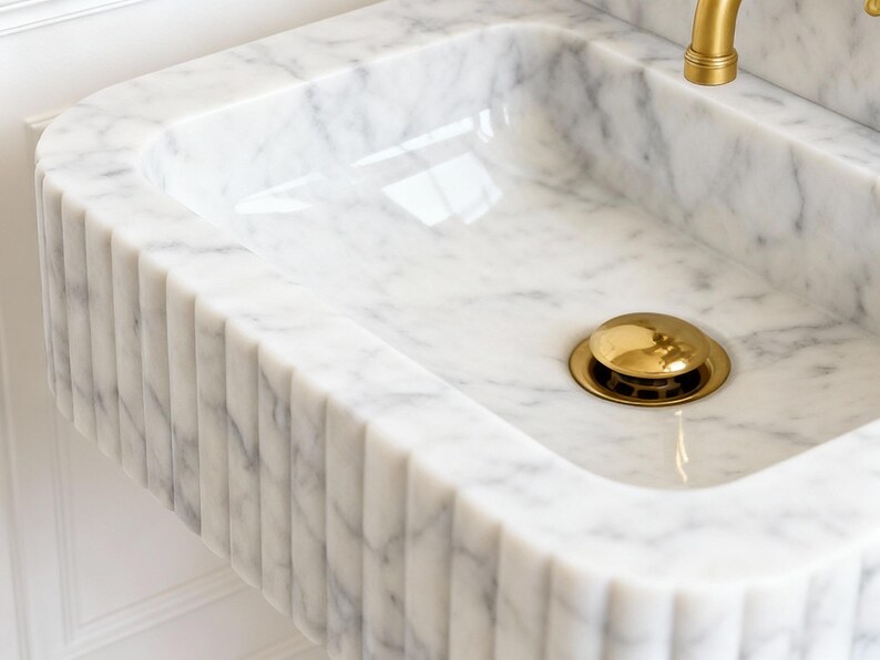Puede incluir: Un lavabo de m&aacute;rmol blanco con un dise&ntilde;o acanalado en la parte delantera y los lados. El lavabo tiene una cubeta rectangular y una tapa de desag&uuml;e dorada. Un grifo dorado es visible en la esquina superior derecha. Es un accesorio de ba&ntilde;o.