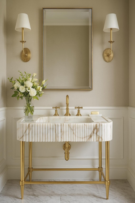 Handmade Calacatta Gold Marble Sink – Ribbed Console Vanity Basin