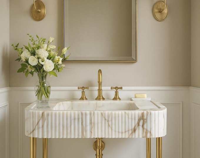 Featured listing image: Calacatta Gold Marble Sink, Handmade Wall-Mount Sink, Grooved Luxury Stone, Modern Bathroom Decor