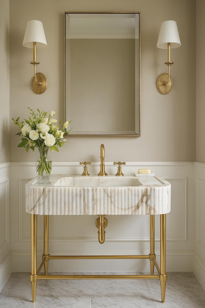 Handmade Calacatta Gold Marble Sink – Ribbed Console Vanity Basin image 1