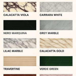 Puede incluir: Imagen que muestra varias muestras de m&aacute;rmol, incluyendo Calacatta Viola, Carrara White, Nero Marquina y Grey Marble. Otras opciones son Lilac Marble, Calacatta Gold, Travertino, Verde Green, Rosso Levanto y Pink Violet. El texto "VEROMARBLE" est&aacute; en la parte superior.