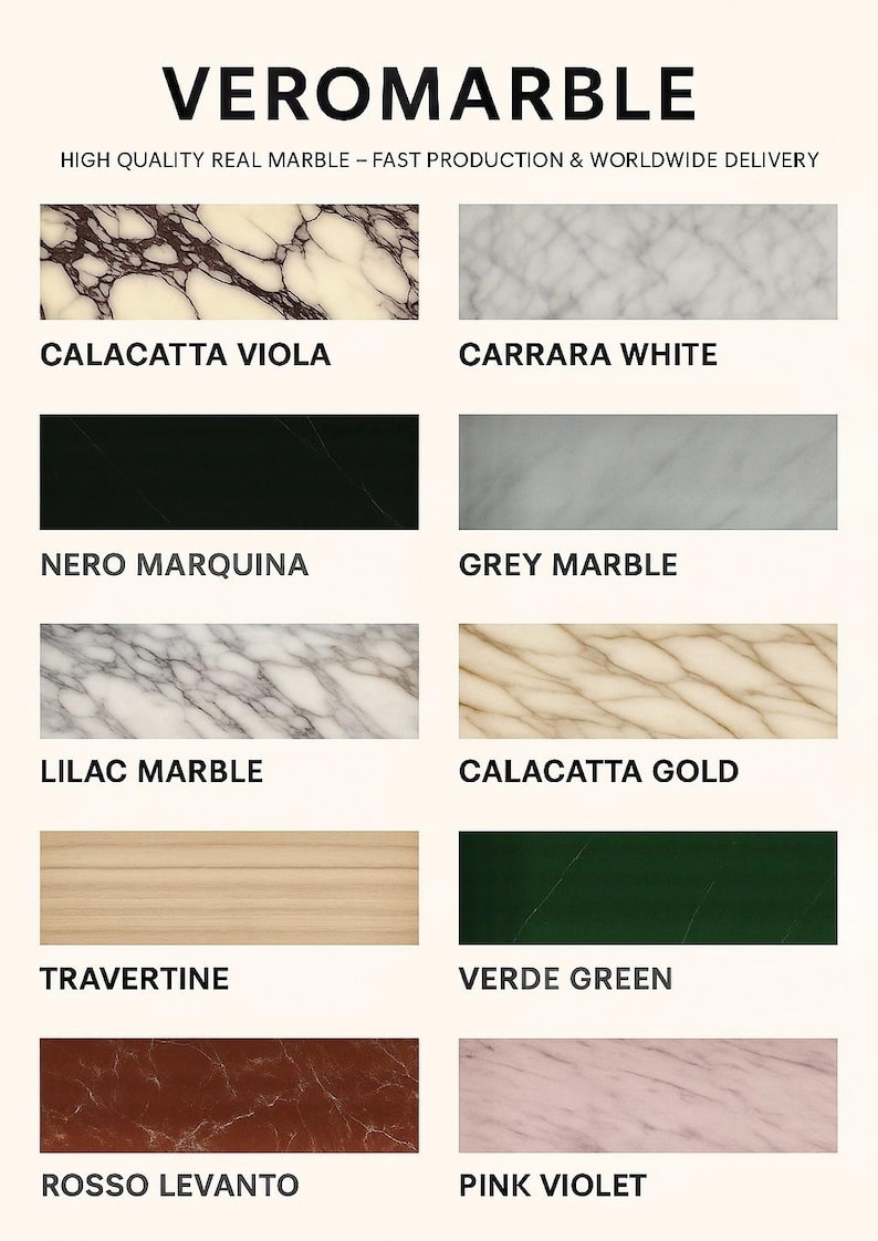 Puede incluir: Imagen que muestra varias muestras de m&aacute;rmol, incluyendo Calacatta Viola, Carrara White, Nero Marquina y Grey Marble. Otras opciones son Lilac Marble, Calacatta Gold, Travertino, Verde Green, Rosso Levanto y Pink Violet. El texto "VEROMARBLE" est&aacute; en la parte superior.