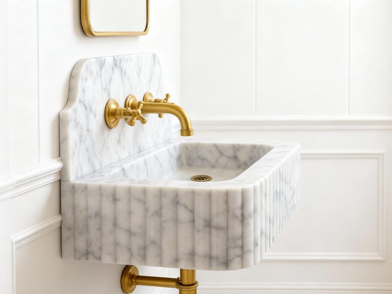 Puede incluir: Un lavabo de m&aacute;rmol montado en la pared con grifo y accesorios dorados. El lavabo tiene una cubeta rectangular con estr&iacute;as verticales en la parte delantera. El grifo tiene manijas en cruz. El lavabo est&aacute; sobre una pared blanca.