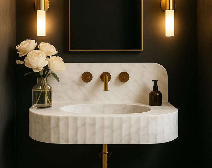 Featured listing image: Handmade Carrara Marble Wall-Mounted Sink: Bespoke Luxury Bathroom Vanity, Get by Halloween