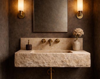 Travertine Wall Mounted Sink, Handmade Stone Vanity, Natural Beige Bathroom Sink