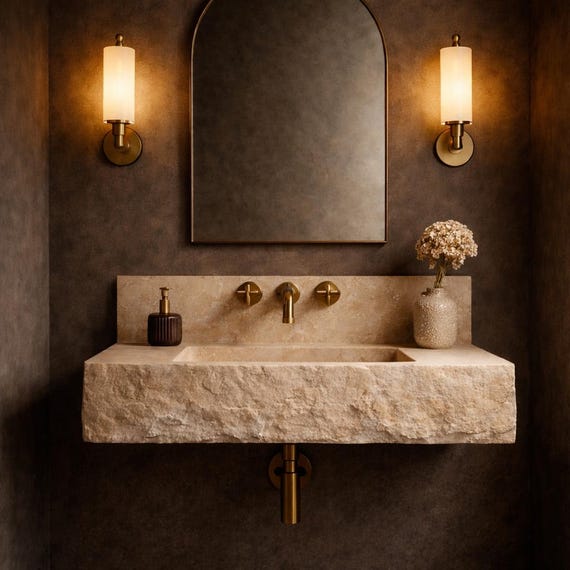 Travertine Wall Mounted Sink, Handmade Stone Vanity, Natural Beige Bathroom Sink