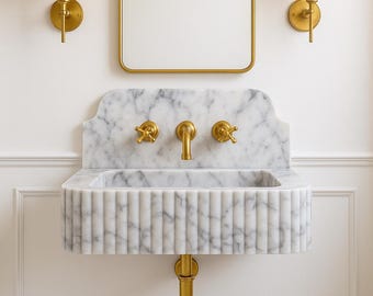 Hand-Carved Carrara Marble Bathroom Sink: Fluted Wall Mounted Vanity