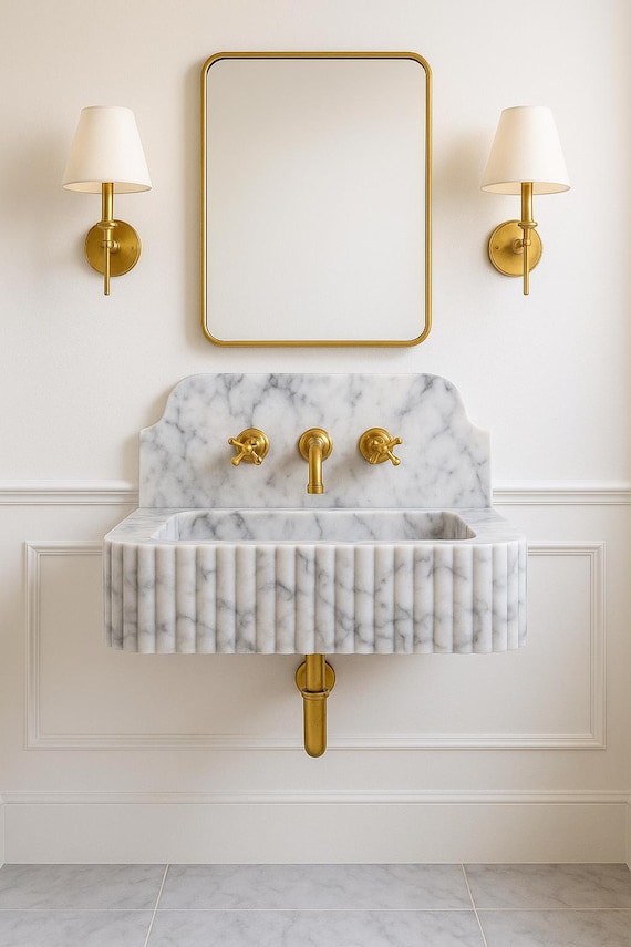 Hand-Carved Carrara Marble Bathroom Sink: Fluted Wall Mounted Vanity