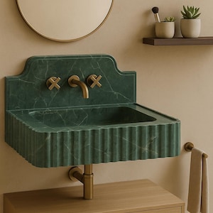 Aqua Verde Green Marble Sink – Luxury Fluted Wall-Mount Basin with Brass Fixtures