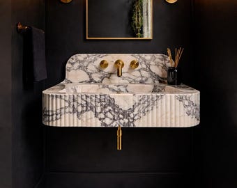 Hand Carved Calacatta Viola Marble Sink: Fluted Luxury Washbasin