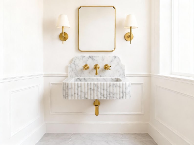 Puede incluir: Conjunto de ba&ntilde;o con un lavabo de m&aacute;rmol con grifos dorados, un espejo rectangular con marco dorado y dos apliques de pared con pantallas blancas. El lavabo tiene un dise&ntilde;o acanalado y est&aacute; montado en una pared blanca.
