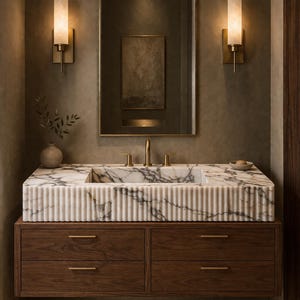 Handmade Calacatta Viola Marble Sink, Custom Size Fluted Washbasin, Optional Wood Vanity with Drawers