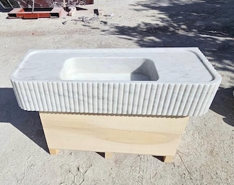Handmade Carrara Marble Fluted Sink | Modern Wall Mount Vanity
