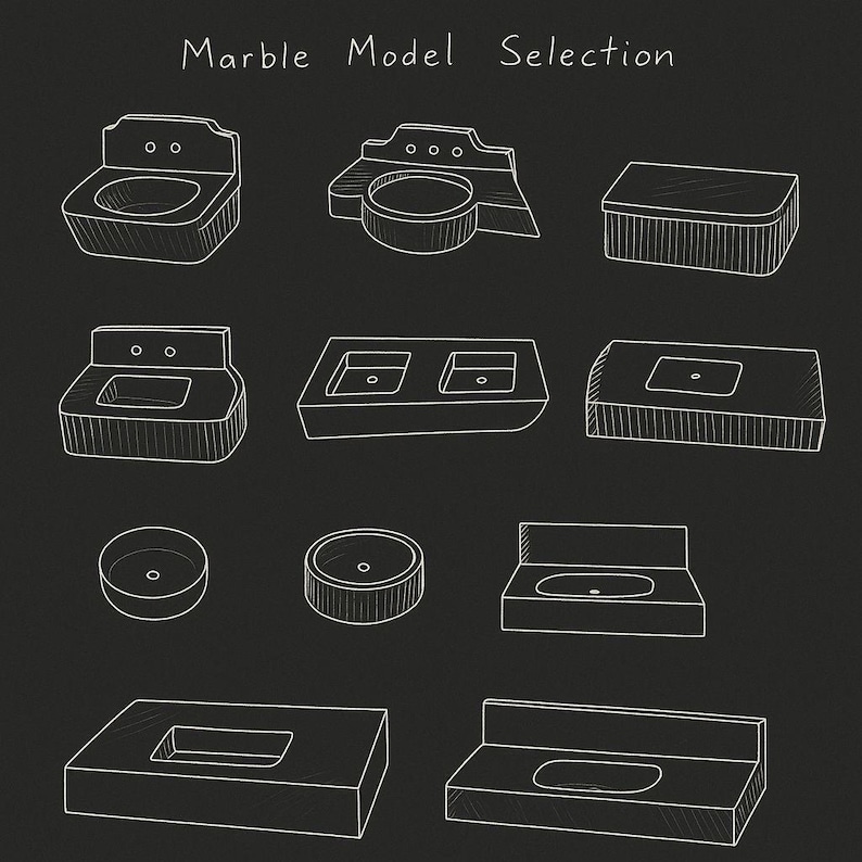 May include: A collection of hand-drawn sketches of marble sink models. The image features various designs, including rectangular, oval, and circular sinks, with different countertop configurations. The text "Marble Model Selection" is at the top.