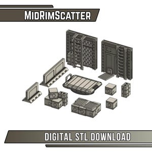 May include: A set of grey 3D-printed terrain pieces for tabletop gaming, including walls, ladders, crates, and a platform. The image displays the text "MidRimScatter" and "DIGITAL STL DOWNLOAD".