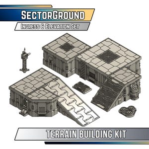Puede incluir: Un kit de construcción de terreno SectorGround Ingress & Elevation Set. El kit incluye varias estructuras modulares grises y geométricas con paneles detallados, escaleras y rampas. Se muestra el texto "SectorGround" y "Terrain Building Kit".