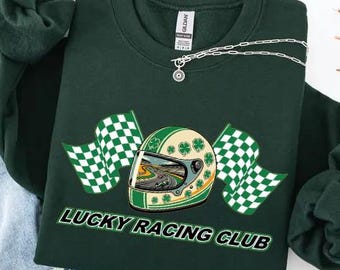 Camiseta del Club de Carreras Lucky de Comfort Colors®, sudadera del Día de San Patricio, camiseta retro de carreras, cuello redondo con casco de trébol, regalo para aficionados a las carreras de San Patricio